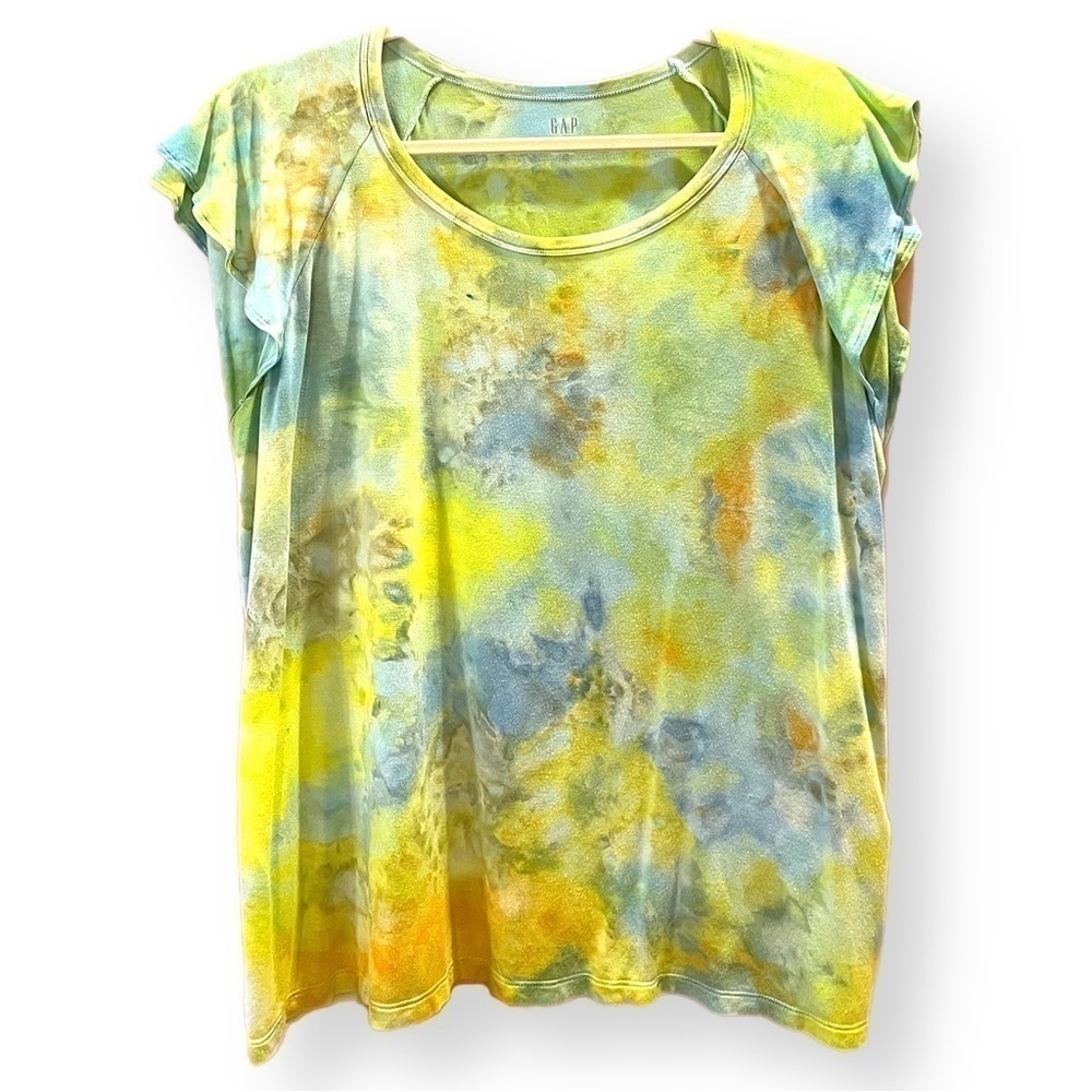 Tie dye flutter sleeve blouse tee green blue gold galaxy ocean effect soft XXL